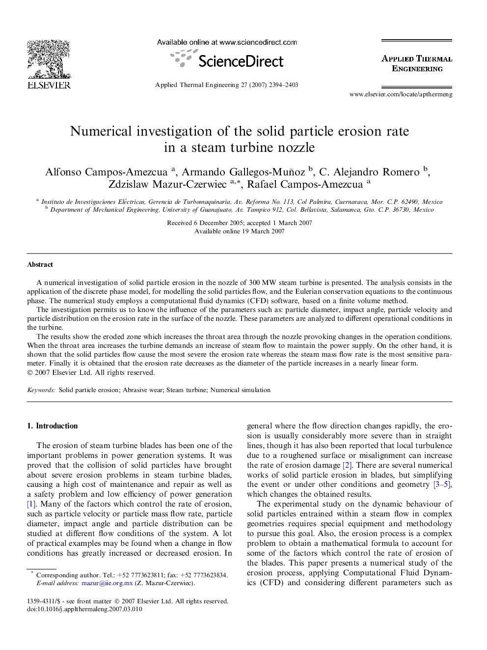 عکس صفحه اول مقاله: Numerical investigation of the solid particle erosion rate in a steam turbine nozzle Numerical investigation of the solid particle erosion rate in a steam turbine nozzle