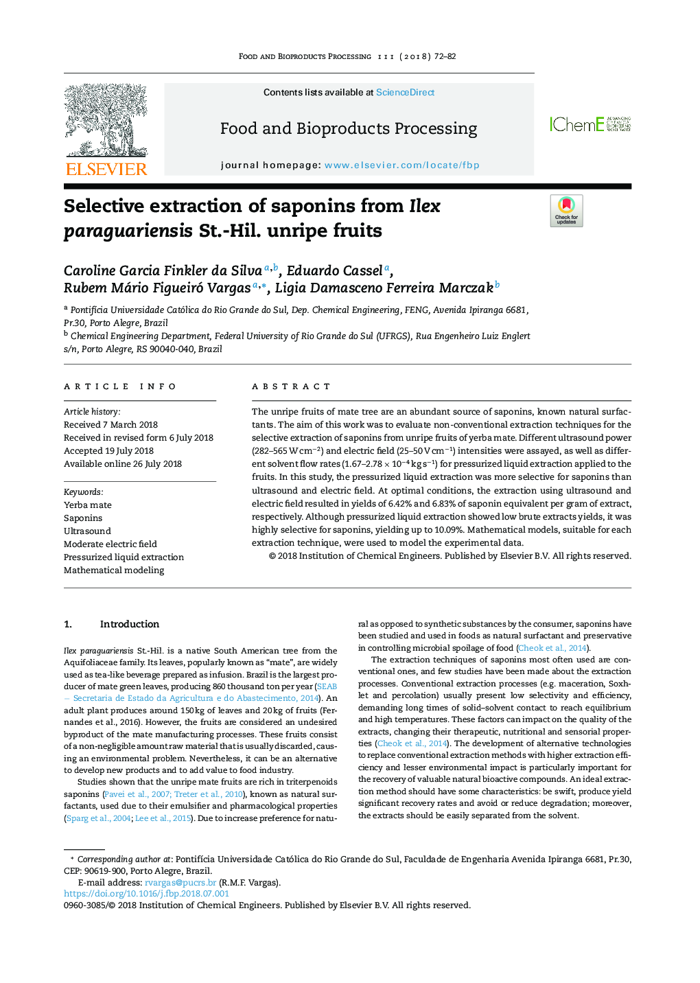 Selective extraction of saponins from Ilex paraguariensis St.-Hil. unripe fruits