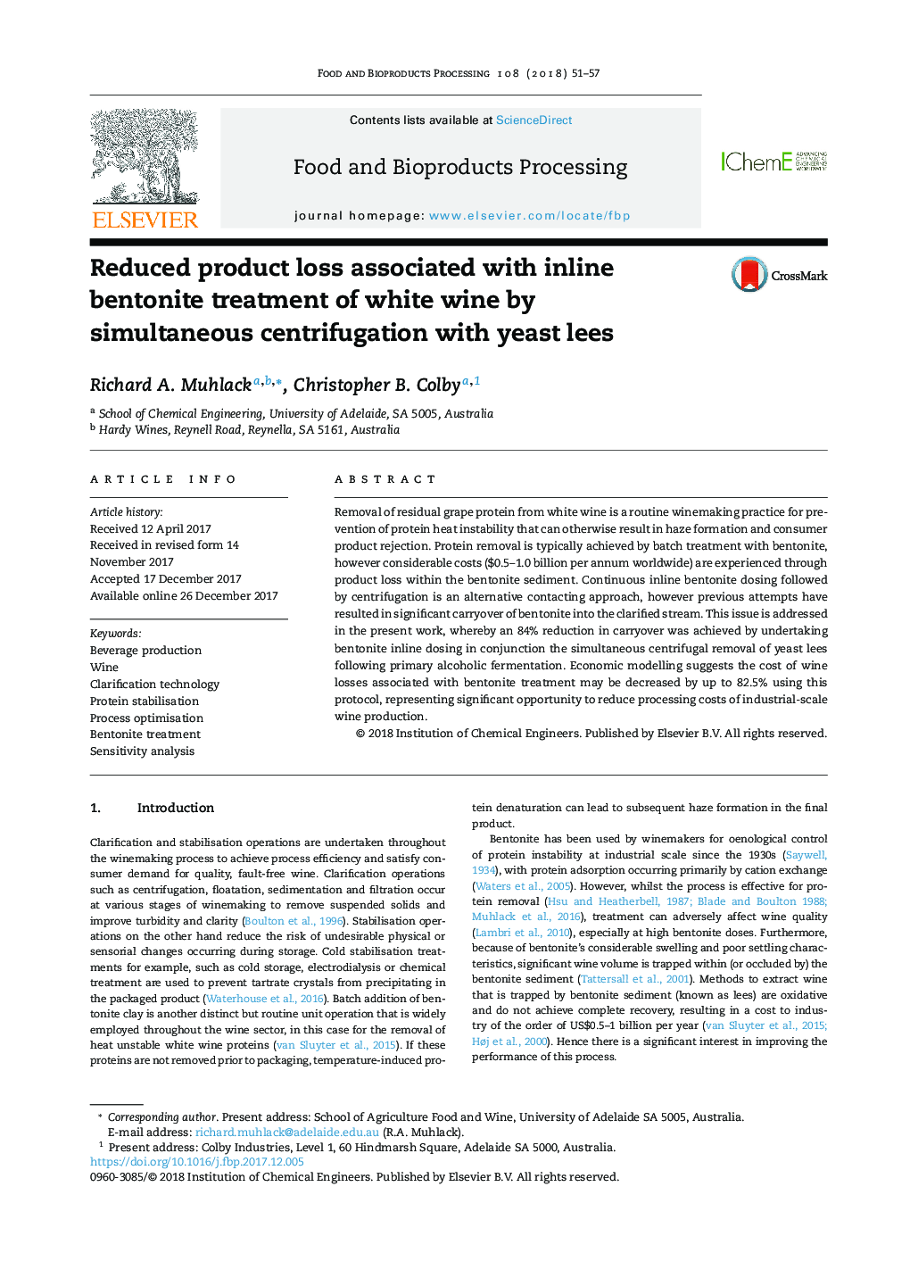 Reduced product loss associated with inline bentonite treatment of white wine by simultaneous centrifugation with yeast lees