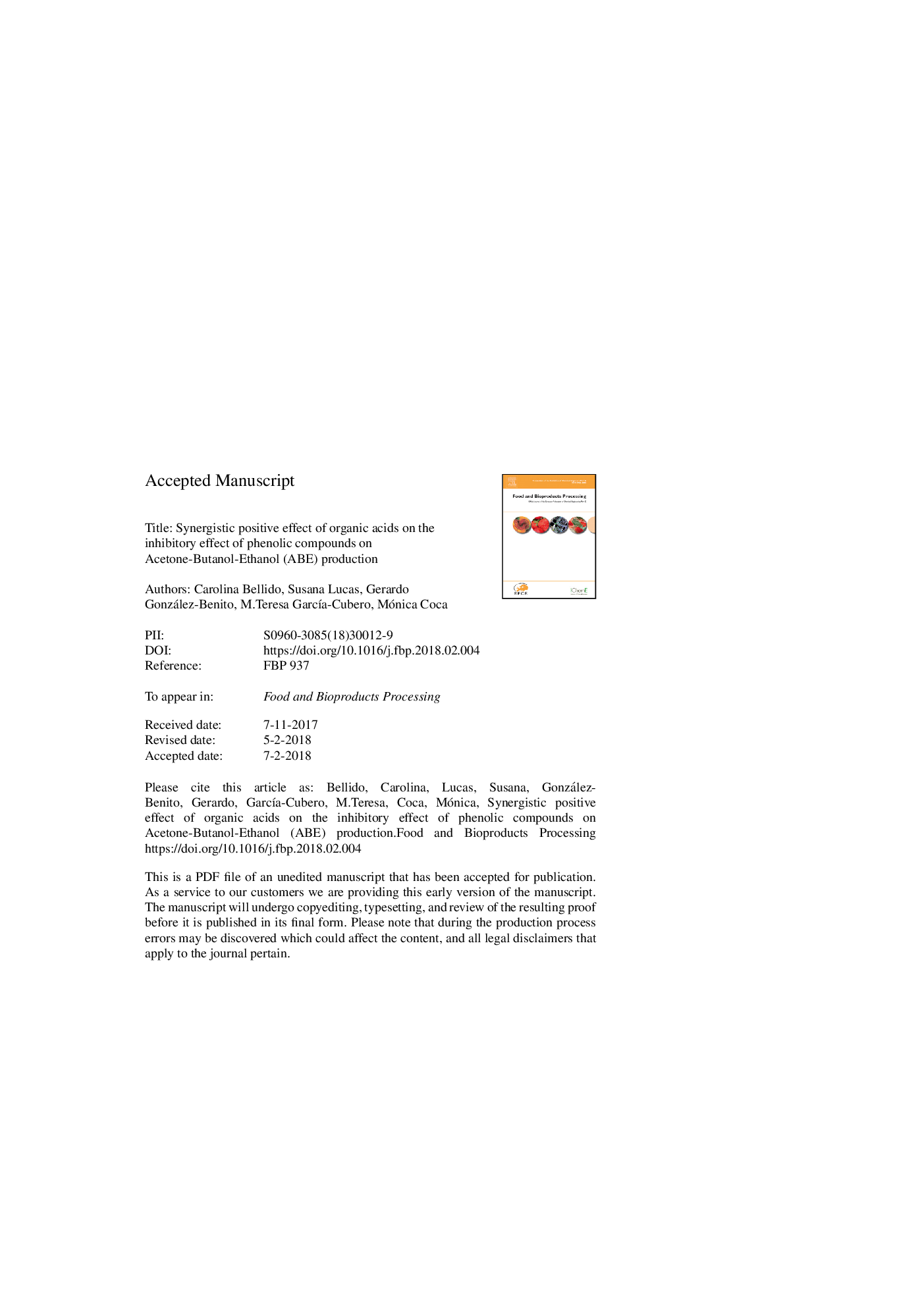 Synergistic positive effect of organic acids on the inhibitory effect of phenolic compounds on Acetone-Butanol-Ethanol (ABE) production