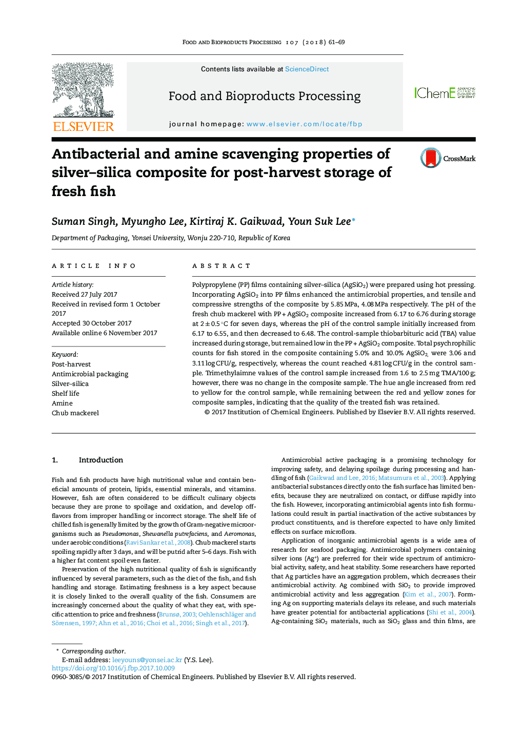 خواص ضدباکتریایی و آمین از ترکیب کامپوزیت سیلیس نقره برای نگهداری پس از برداشت ماهی تازه 