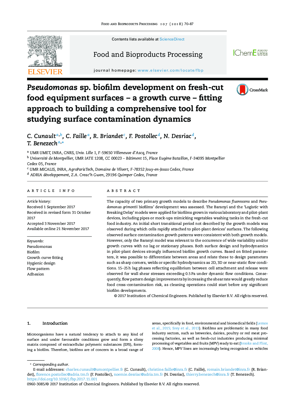 Pseudomonas sp. biofilm development on fresh-cut food equipment surfaces - a growth curve - fitting approach to building a comprehensive tool for studying surface contamination dynamics