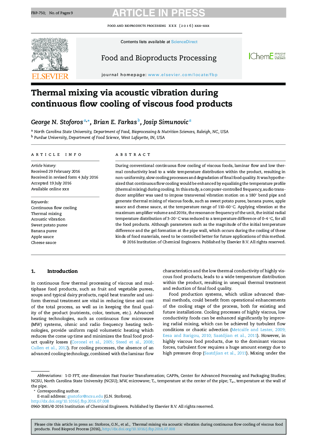 Thermal mixing via acoustic vibration during continuous flow cooling of viscous food products