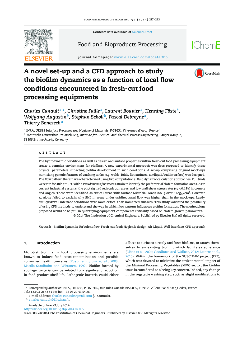 A novel set-up and a CFD approach to study the biofilm dynamics as a function of local flow conditions encountered in fresh-cut food processing equipments