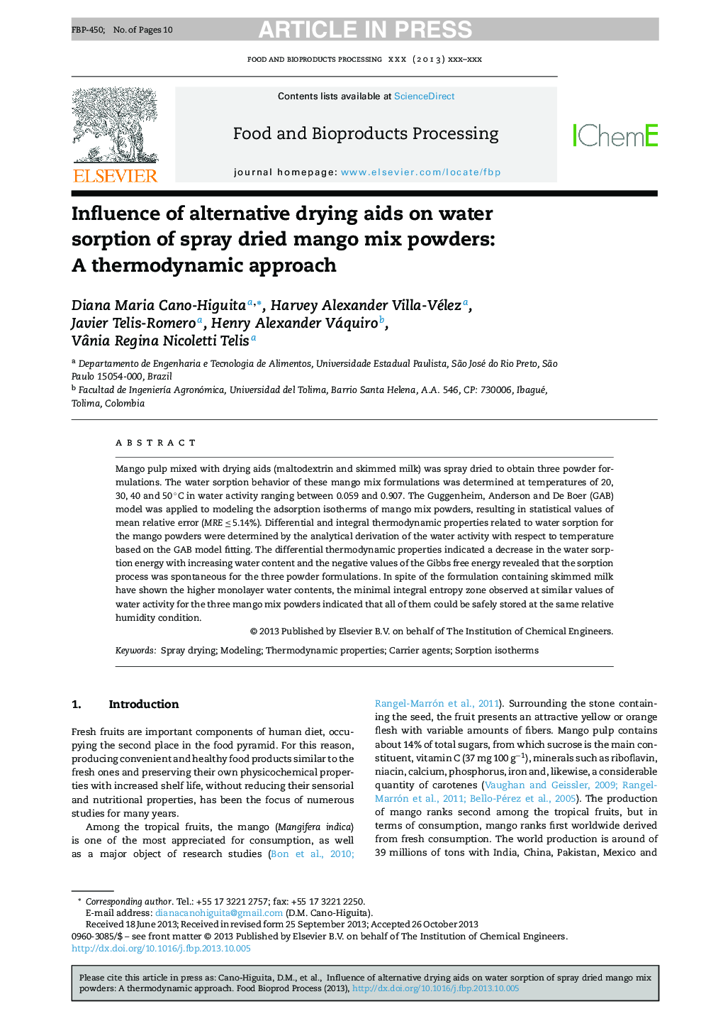 Influence of alternative drying aids on water sorption of spray dried mango mix powders: A thermodynamic approach