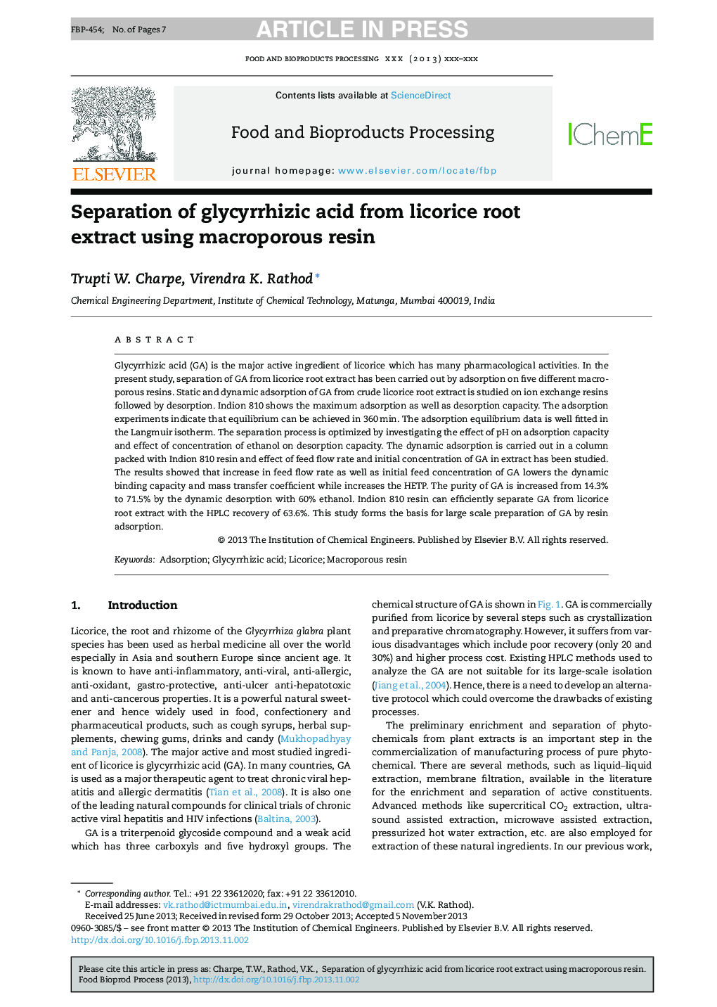 جداسازی اسید گلیسریزیزیک از عصاره ریشه شیرین بیان با استفاده از رزین موروپوروس 