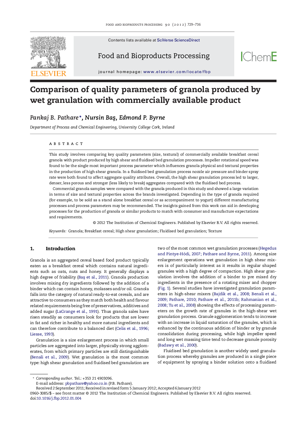 Comparison of quality parameters of granola produced by wet granulation with commercially available product