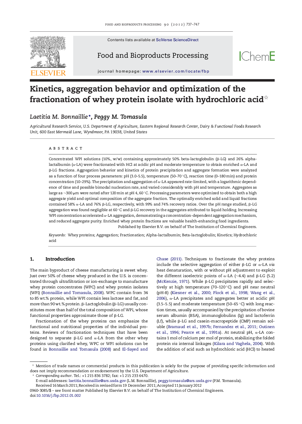 Kinetics, aggregation behavior and optimization of the fractionation of whey protein isolate with hydrochloric acid