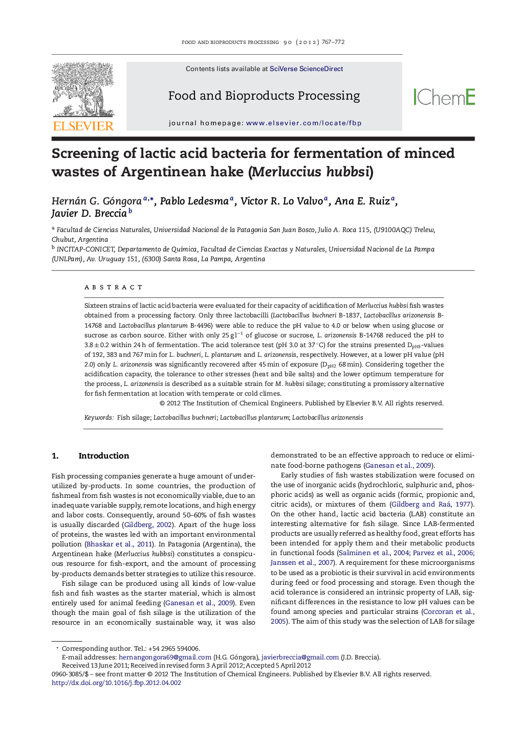 Screening of lactic acid bacteria for fermentation of minced wastes of Argentinean hake (Merluccius hubbsi)