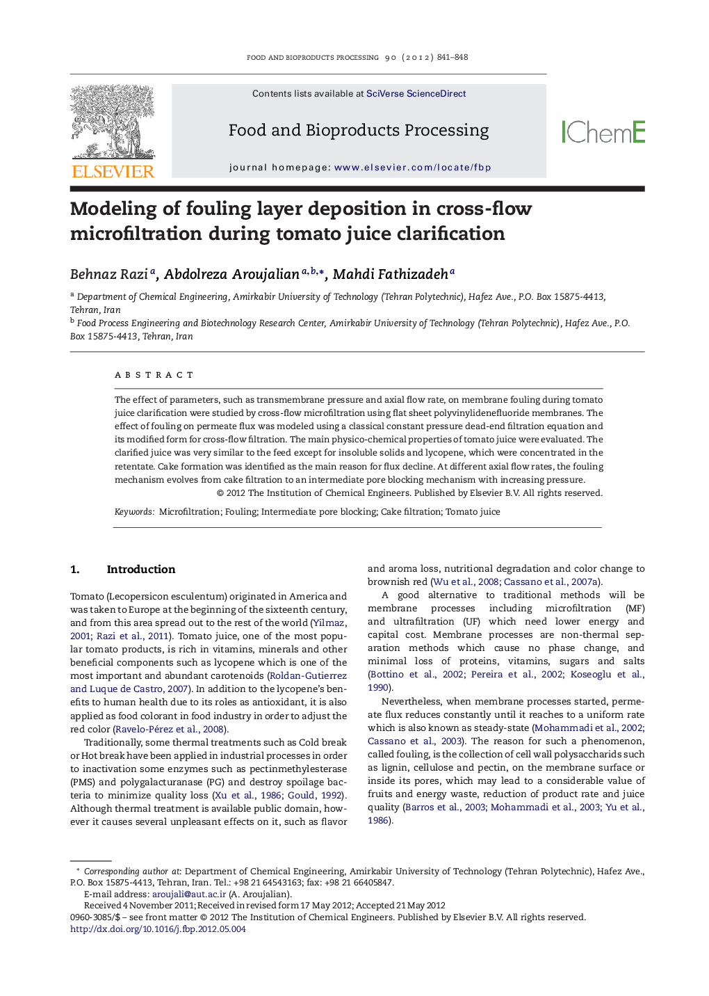 Modeling of fouling layer deposition in cross-flow microfiltration during tomato juice clarification