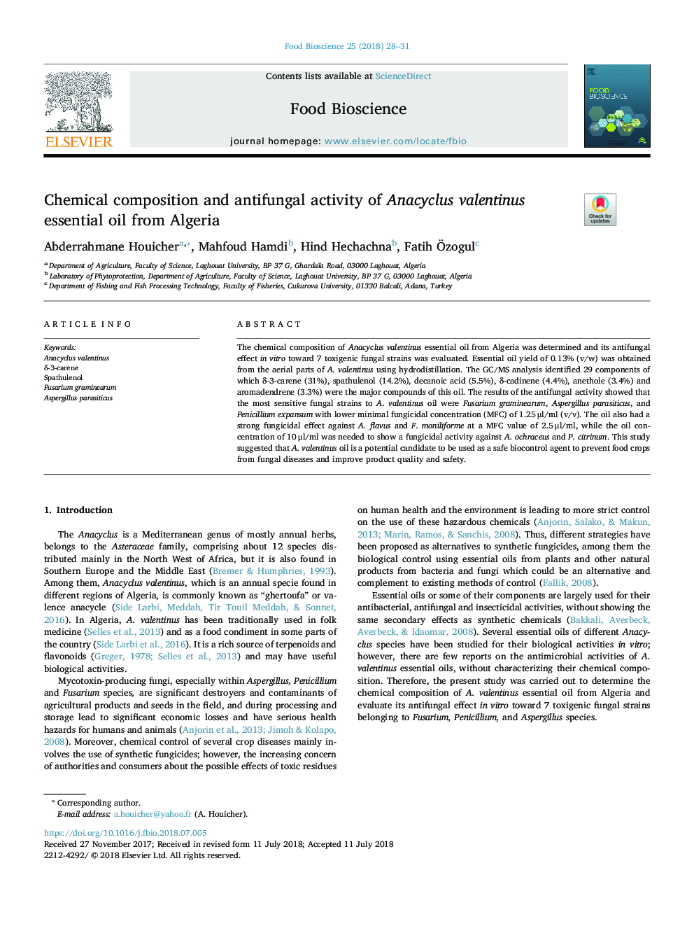 Chemical composition and antifungal activity of Anacyclus valentinus essential oil from Algeria