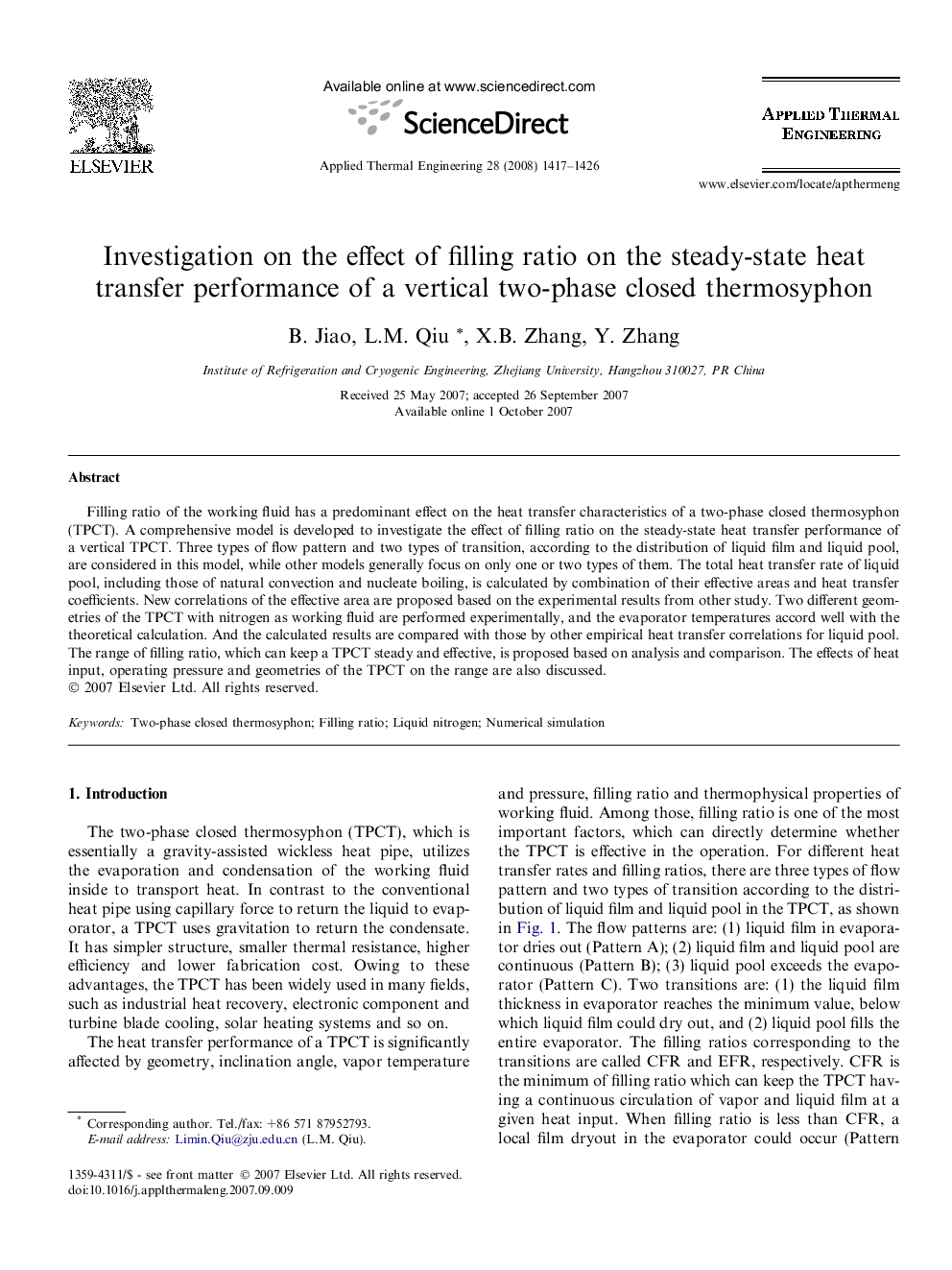 Investigation on the effect of filling ratio on the steady-state heat transfer performance of a vertical two-phase closed thermosyphon