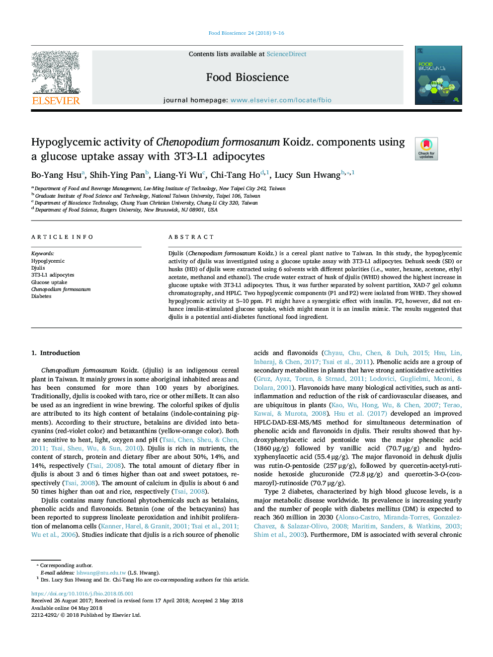 Hypoglycemic activity of Chenopodium formosanum Koidz. components using a glucose uptake assay with 3T3-L1 adipocytes