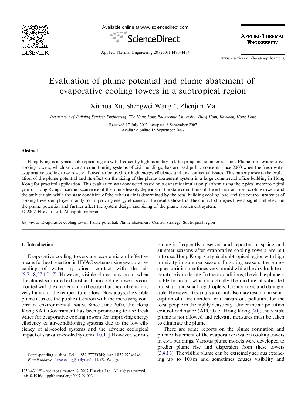 Evaluation of plume potential and plume abatement of evaporative cooling towers in a subtropical region