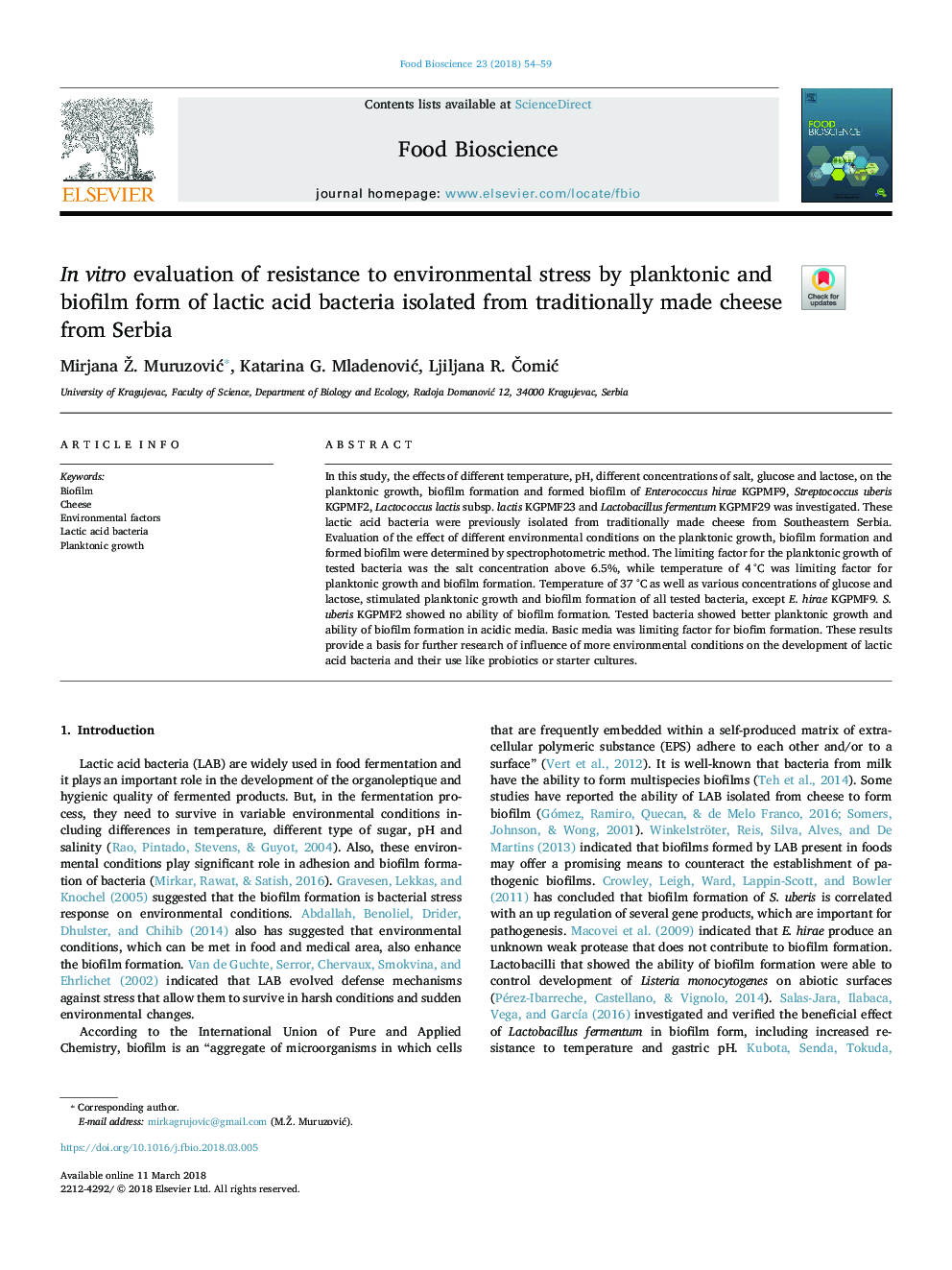 In vitro evaluation of resistance to environmental stress by planktonic and biofilm form of lactic acid bacteria isolated from traditionally made cheese from Serbia