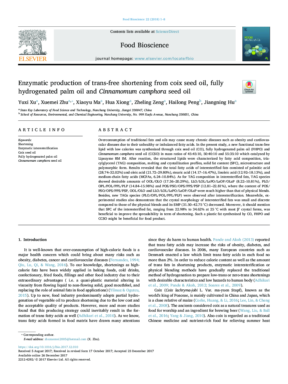 Enzymatic production of trans-free shortening from coix seed oil, fully hydrogenated palm oil and Cinnamomum camphora seed oil