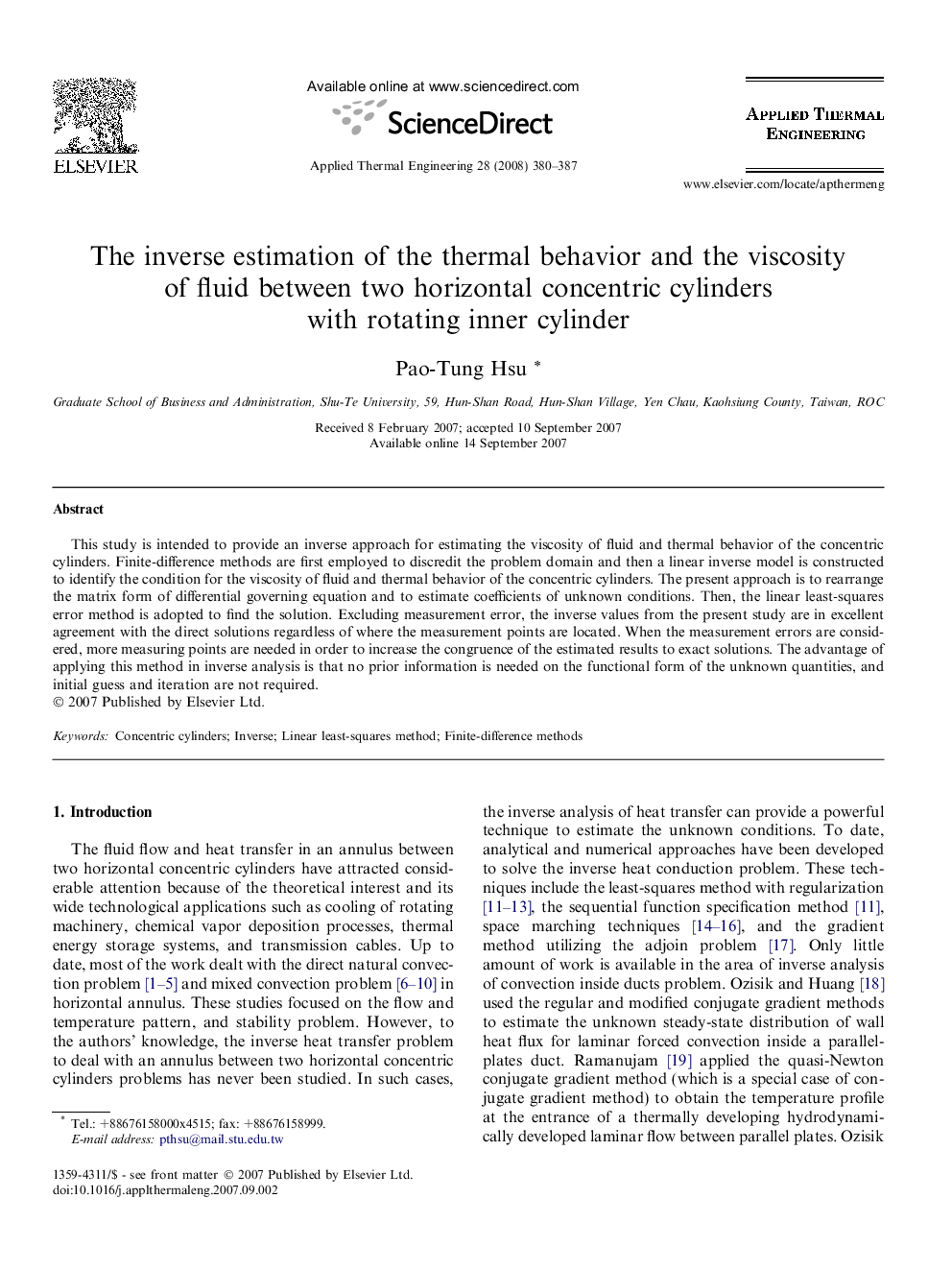 The inverse estimation of the thermal behavior and the viscosity of fluid between two horizontal concentric cylinders with rotating inner cylinder