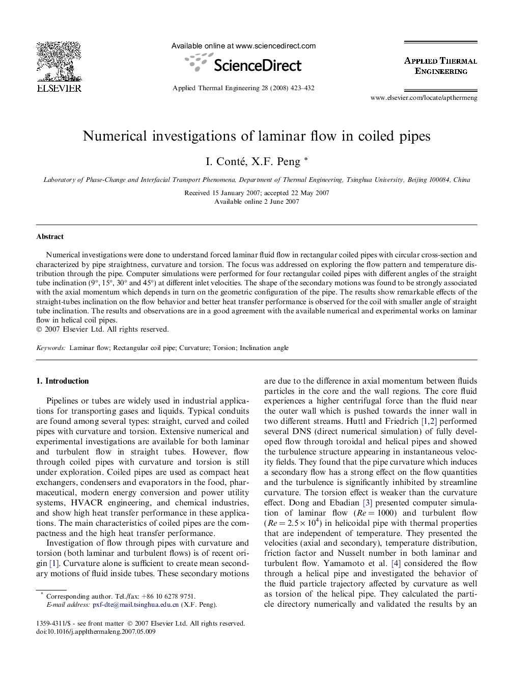 Numerical investigations of laminar flow in coiled pipes