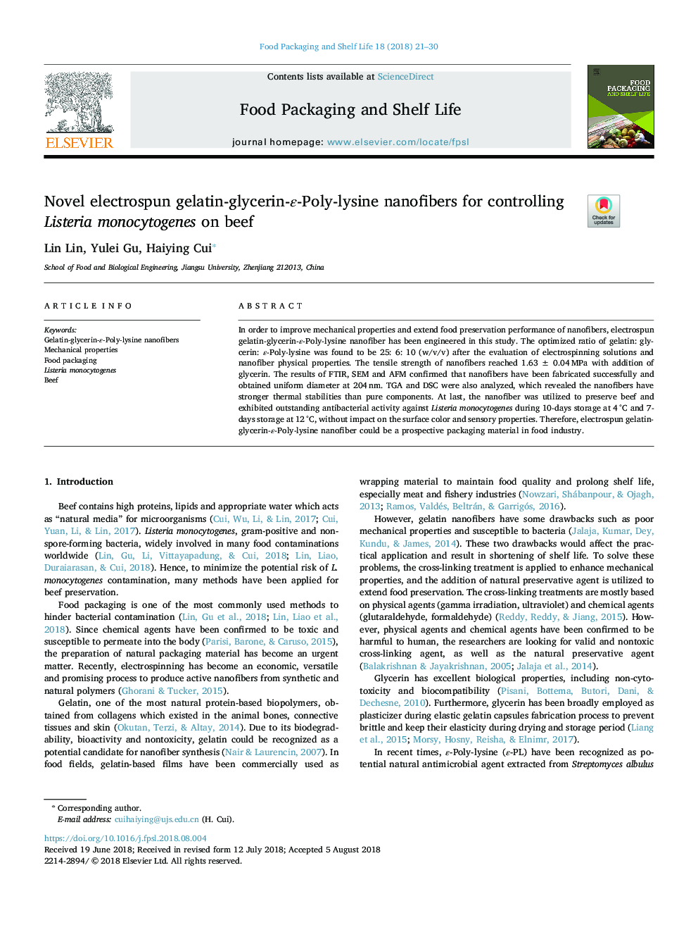 Novel electrospun gelatin-glycerin-Îµ-Poly-lysine nanofibers for controlling Listeria monocytogenes on beef