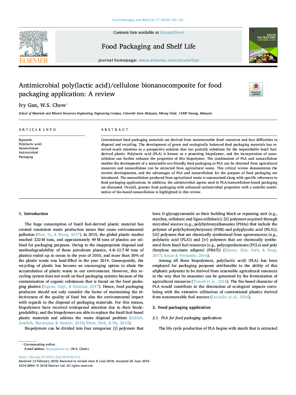 Antimicrobial poly(lactic acid)/cellulose bionanocomposite for food packaging application: A review