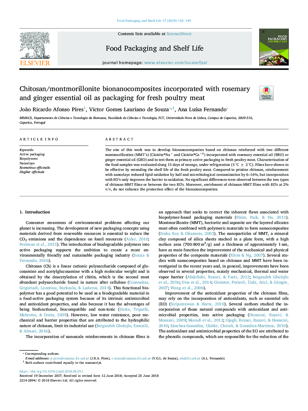 Chitosan/montmorillonite bionanocomposites incorporated with rosemary and ginger essential oil as packaging for fresh poultry meat