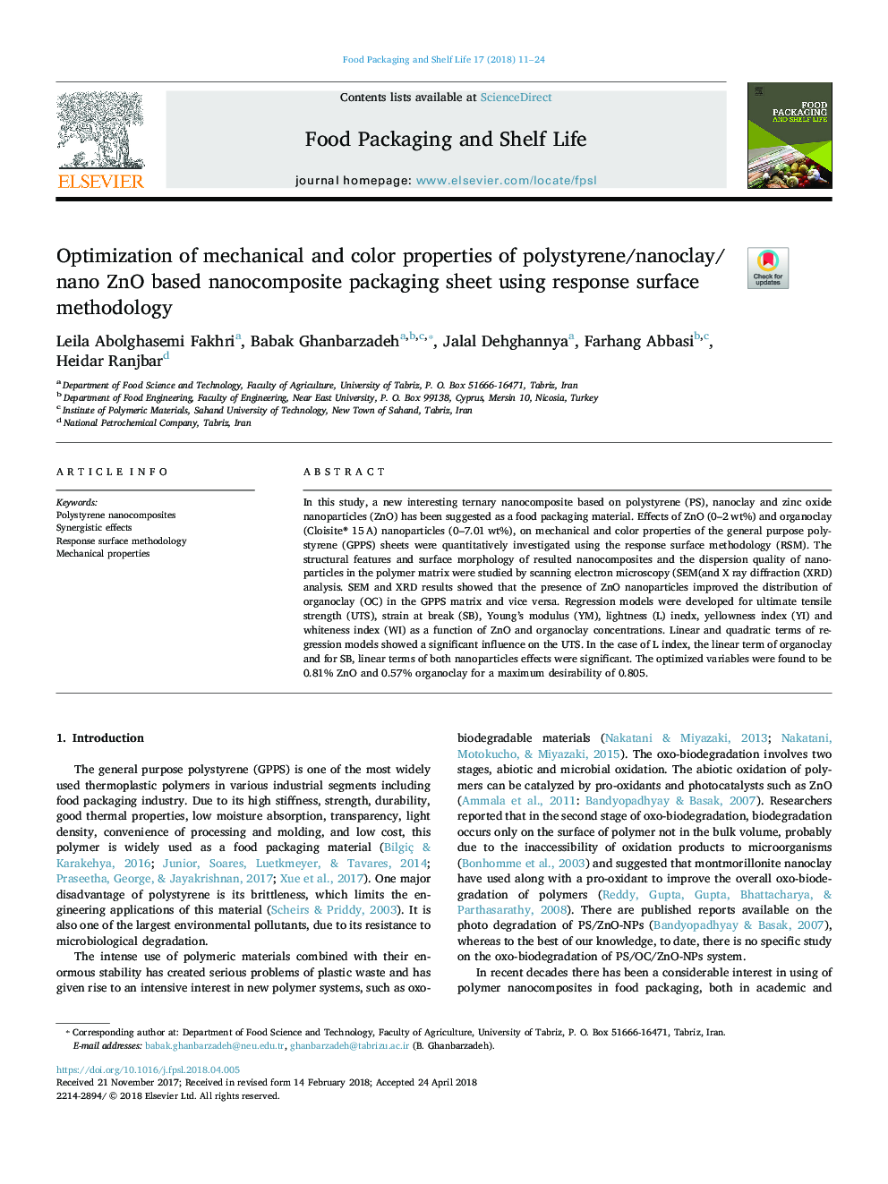 Optimization of mechanical and color properties of polystyrene/nanoclay/nano ZnO based nanocomposite packaging sheet using response surface methodology