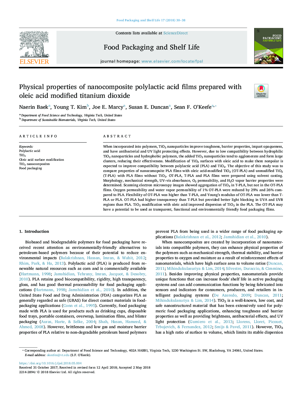 Physical properties of nanocomposite polylactic acid films prepared with oleic acid modified titanium dioxide