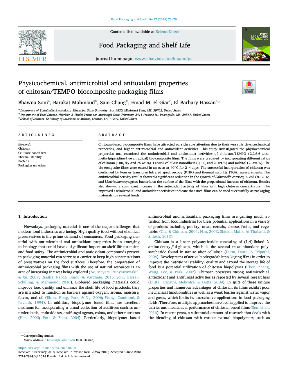 Physicochemical, antimicrobial and antioxidant properties of chitosan/TEMPO biocomposite packaging films