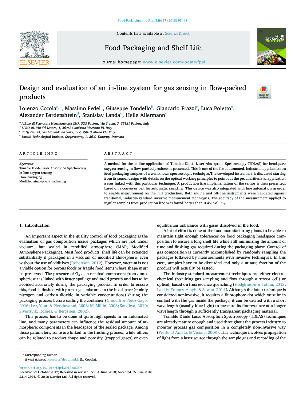 Design and evaluation of an in-line system for gas sensing in flow-packed products