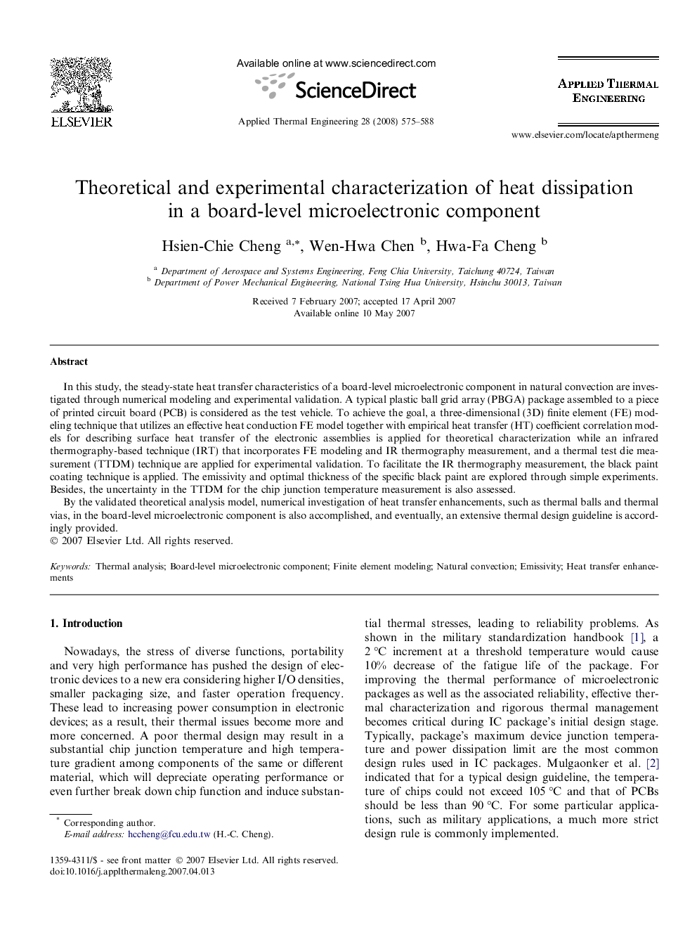 Theoretical and experimental characterization of heat dissipation in a board-level microelectronic component