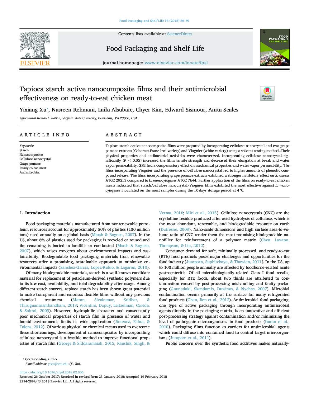 Tapioca starch active nanocomposite films and their antimicrobial effectiveness on ready-to-eat chicken meat