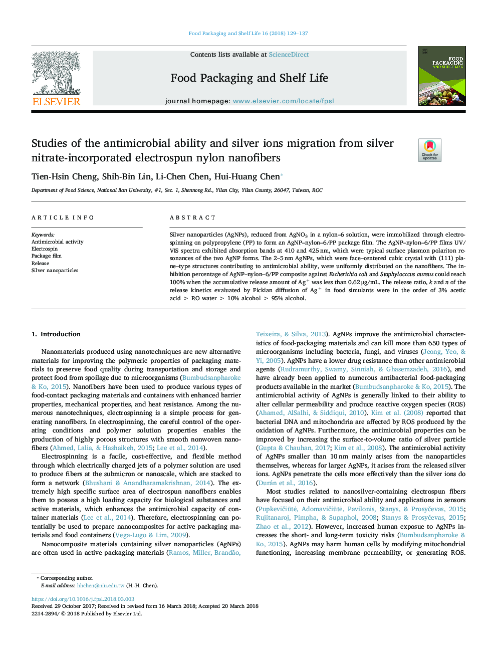 Studies of the antimicrobial ability and silver ions migration from silver nitrate-incorporated electrospun nylon nanofibers