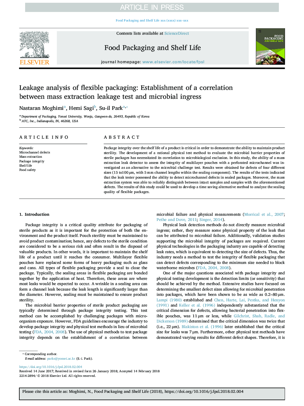 Leakage analysis of flexible packaging: Establishment of a correlation between mass extraction leakage test and microbial ingress