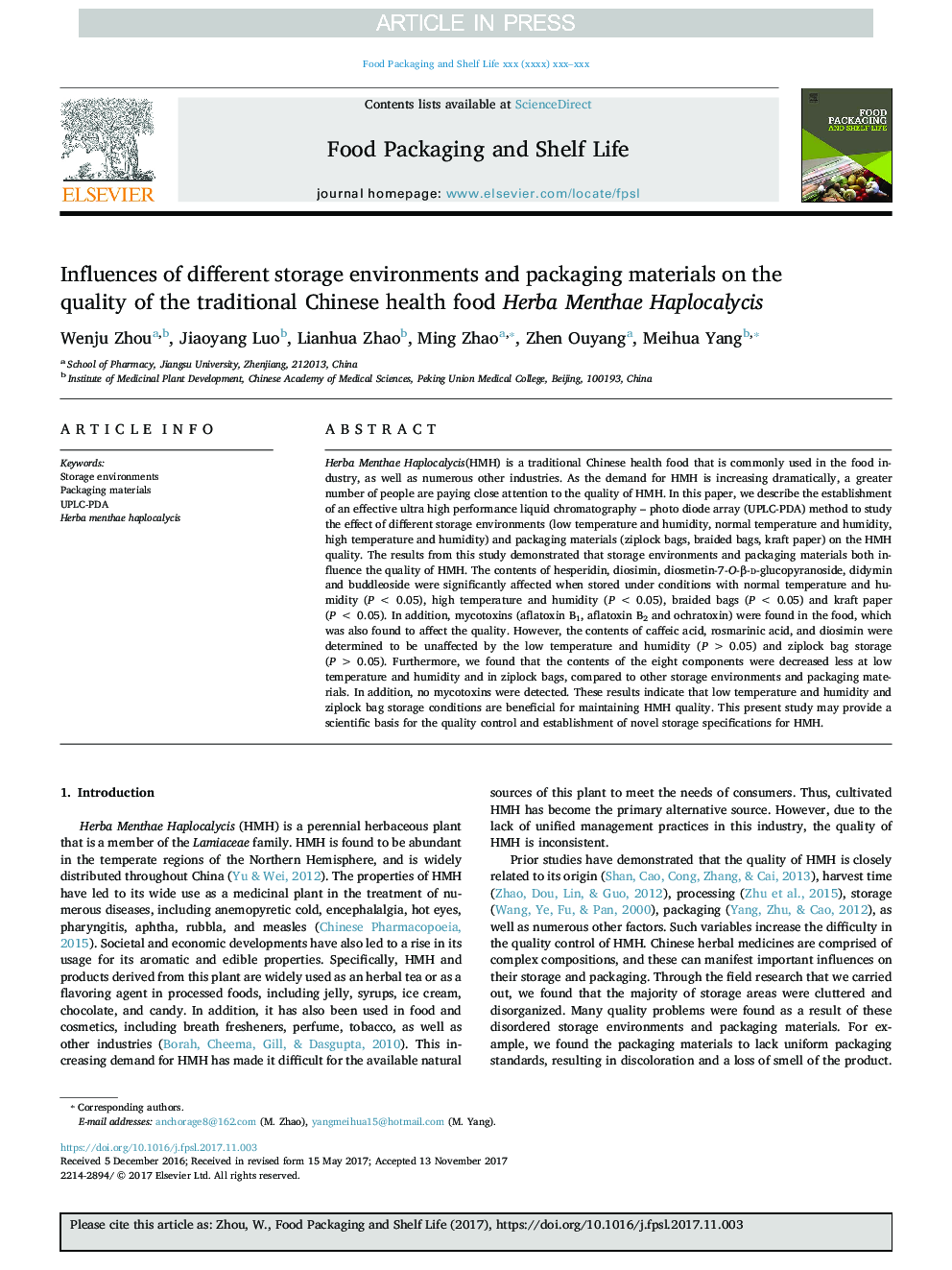 Influences of different storage environments and packaging materials on the quality of the traditional Chinese health food Herba Menthae Haplocalycis