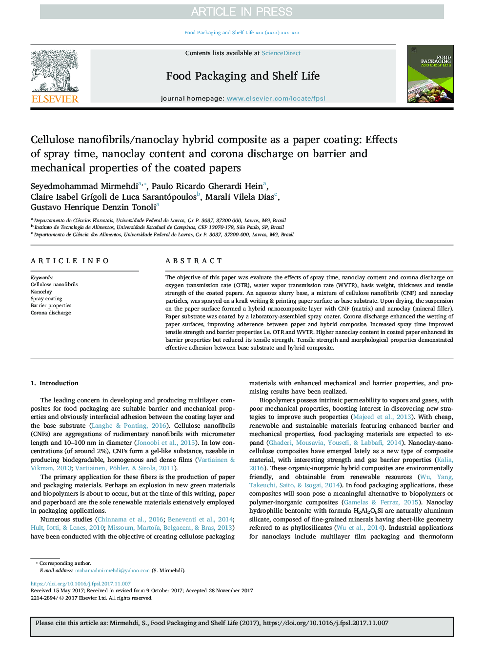 Cellulose nanofibrils/nanoclay hybrid composite as a paper coating: Effects of spray time, nanoclay content and corona discharge on barrier and mechanical properties of the coated papers