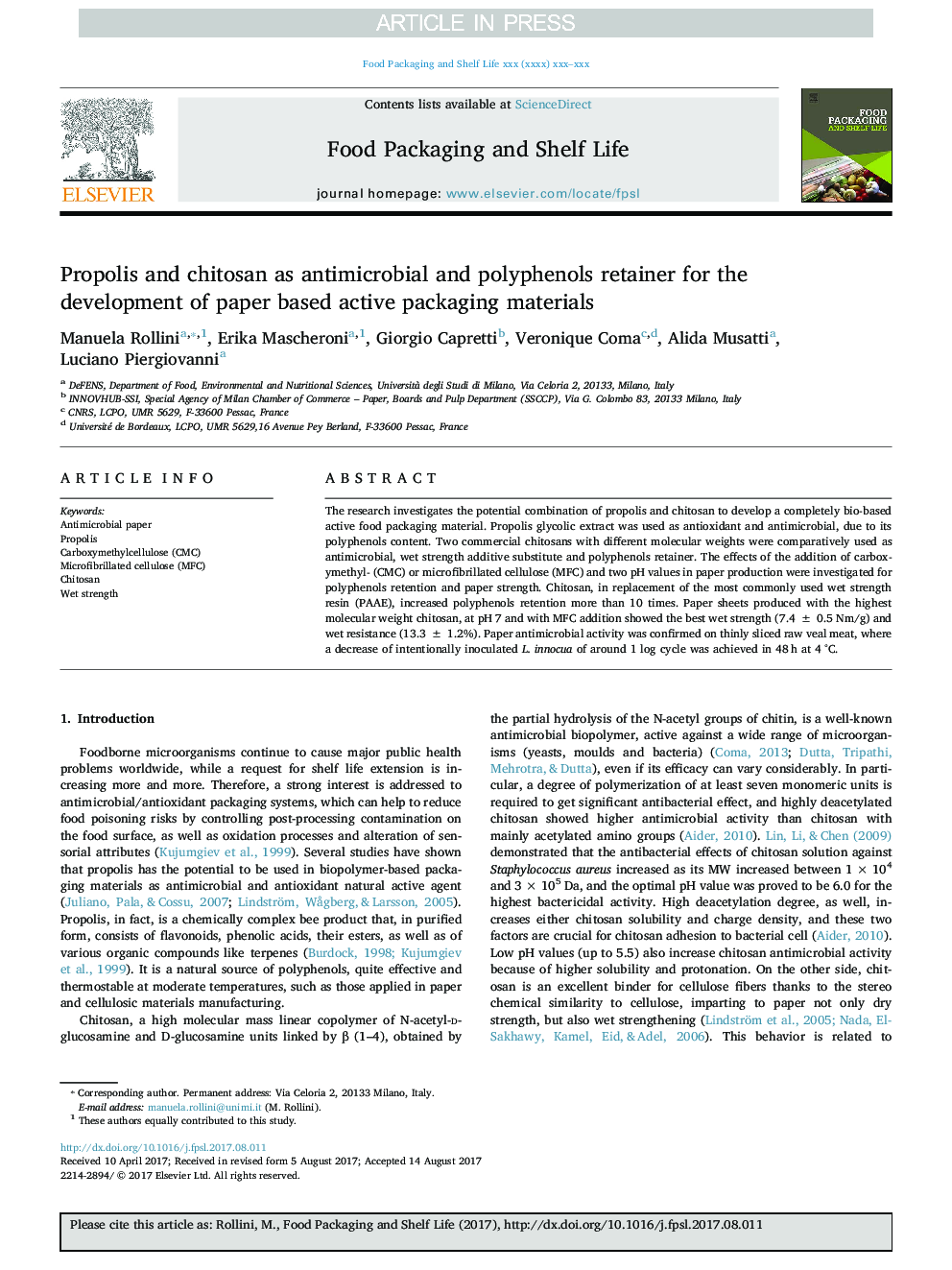 Propolis and chitosan as antimicrobial and polyphenols retainer for the development of paper based active packaging materials