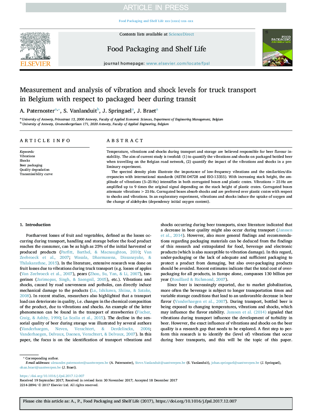 Measurement and analysis of vibration and shock levels for truck transport in Belgium with respect to packaged beer during transit