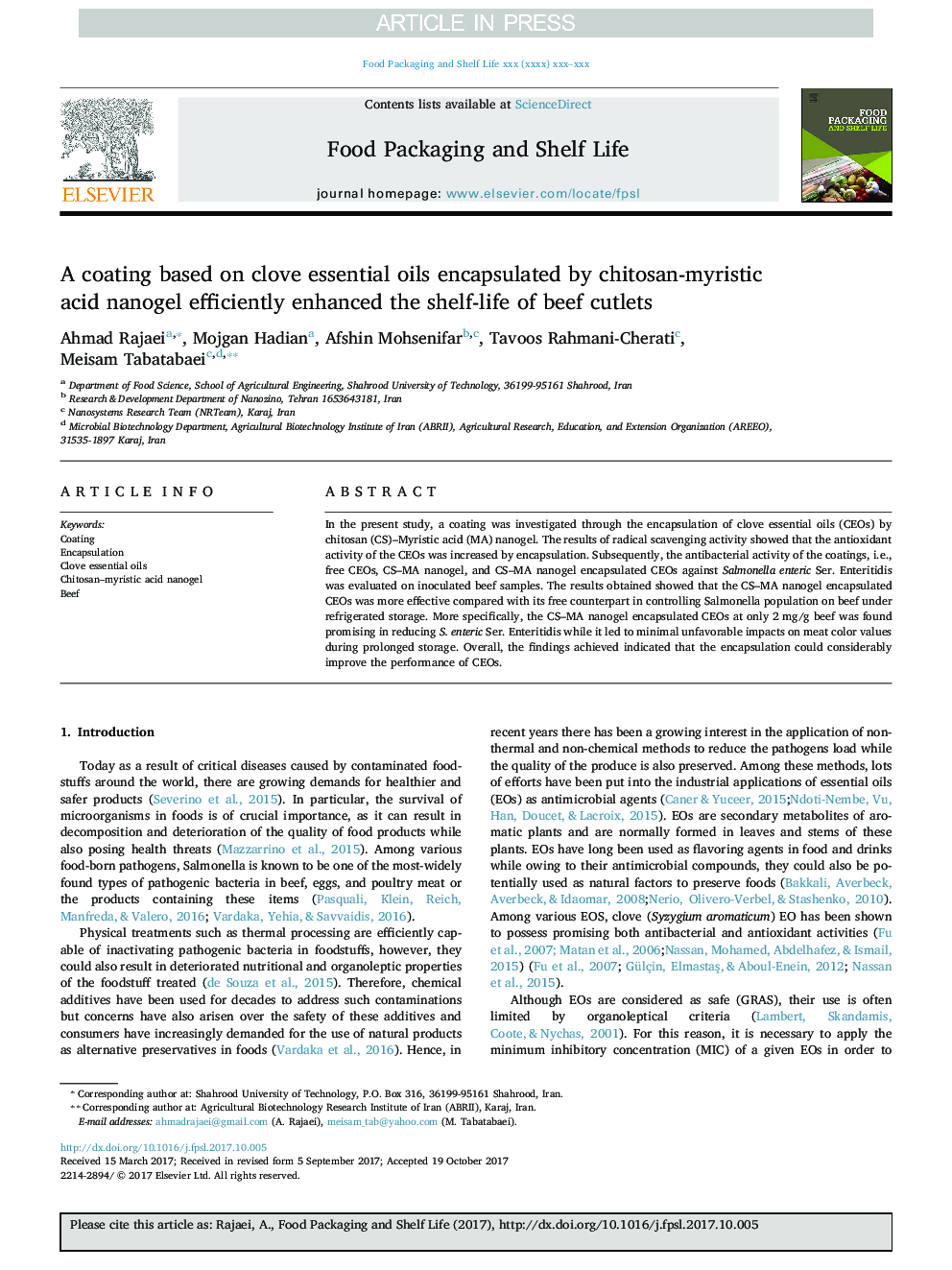 A coating based on clove essential oils encapsulated by chitosan-myristic acid nanogel efficiently enhanced the shelf-life of beef cutlets