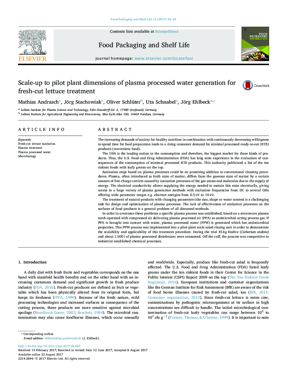 Scale-up to pilot plant dimensions of plasma processed water generation for fresh-cut lettuce treatment