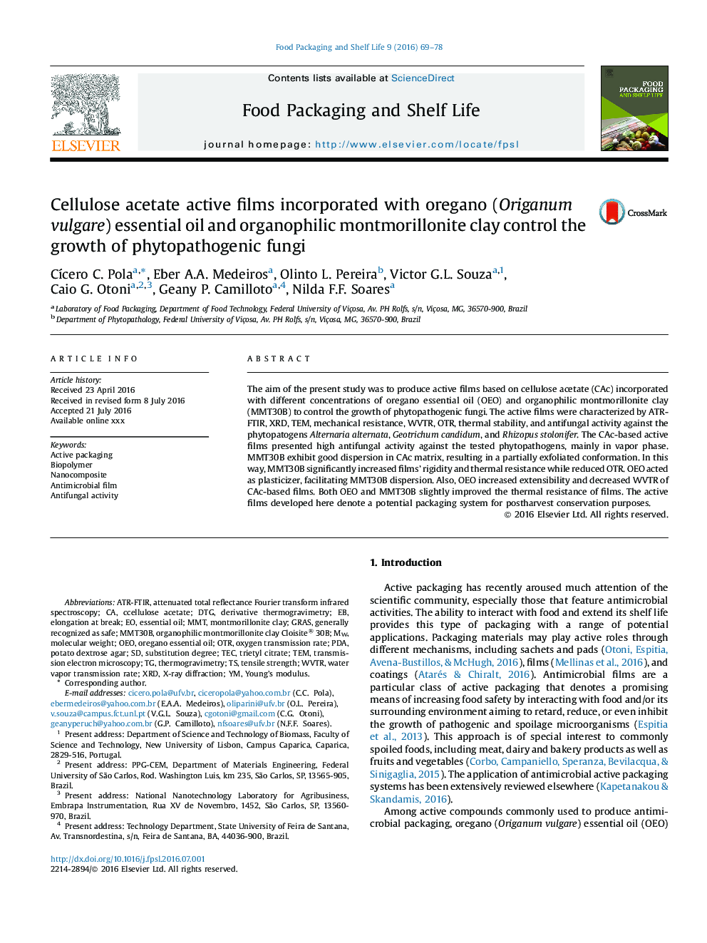 Cellulose acetate active films incorporated with oregano (Origanum vulgare) essential oil and organophilic montmorillonite clay control the growth of phytopathogenic fungi