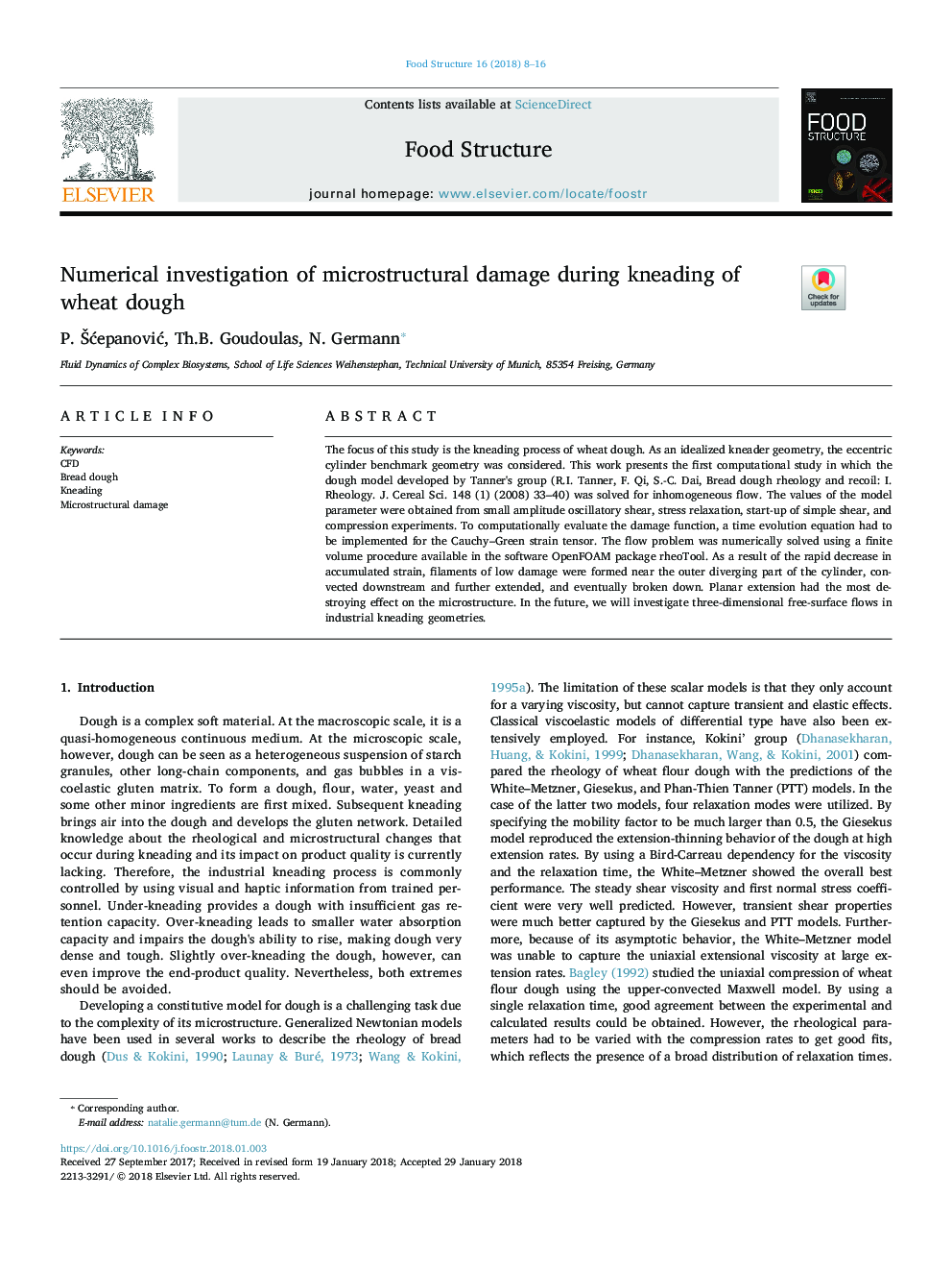 Numerical investigation of microstructural damage during kneading of wheat dough