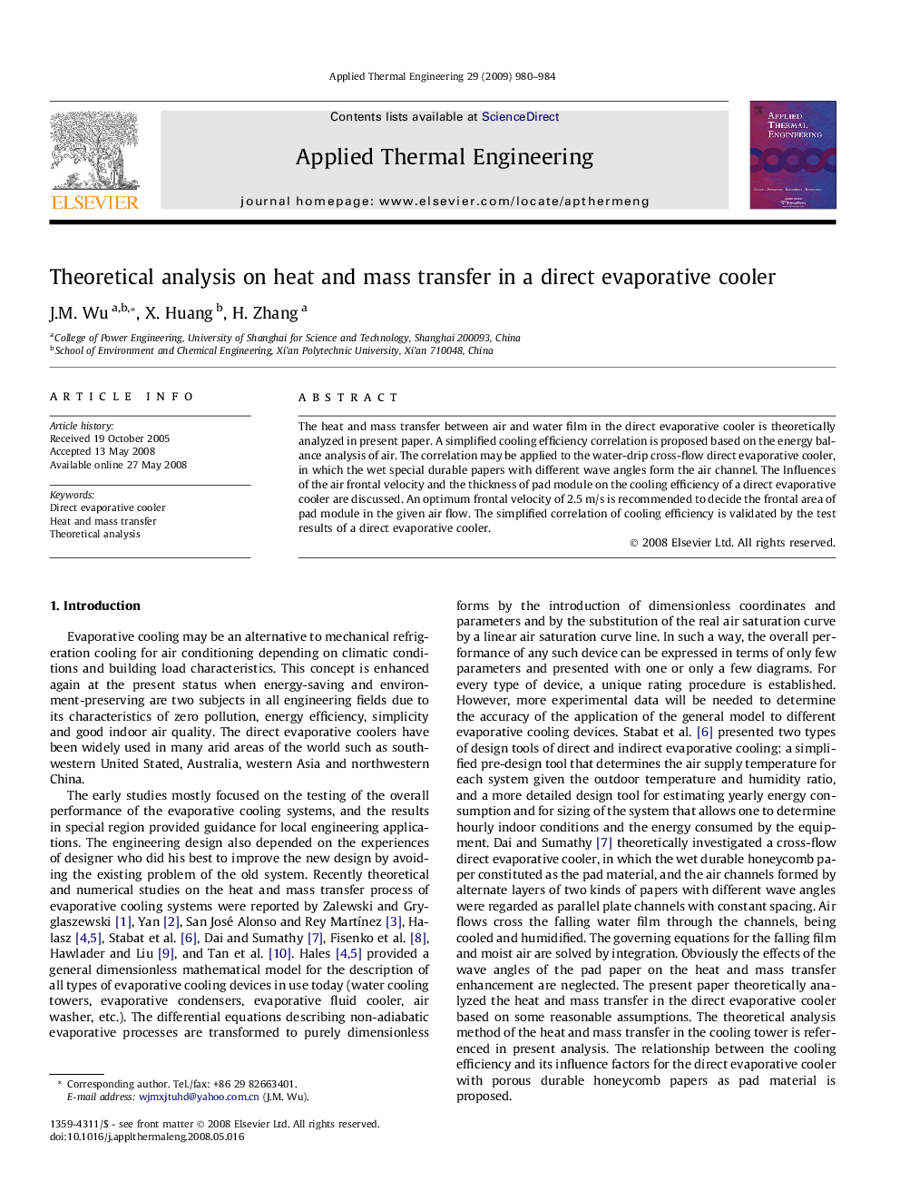 Theoretical analysis on heat and mass transfer in a direct evaporative cooler