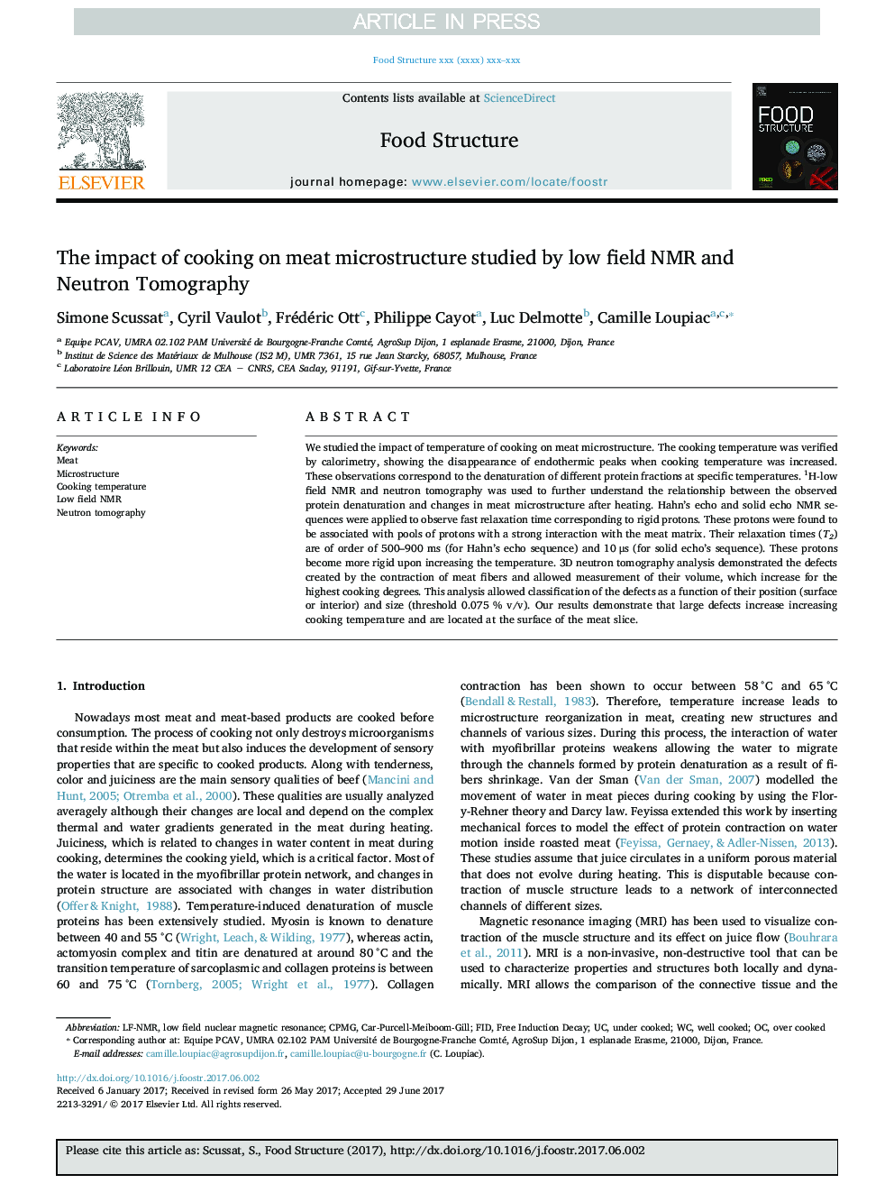 The impact of cooking on meat microstructure studied by low field NMR and Neutron Tomography