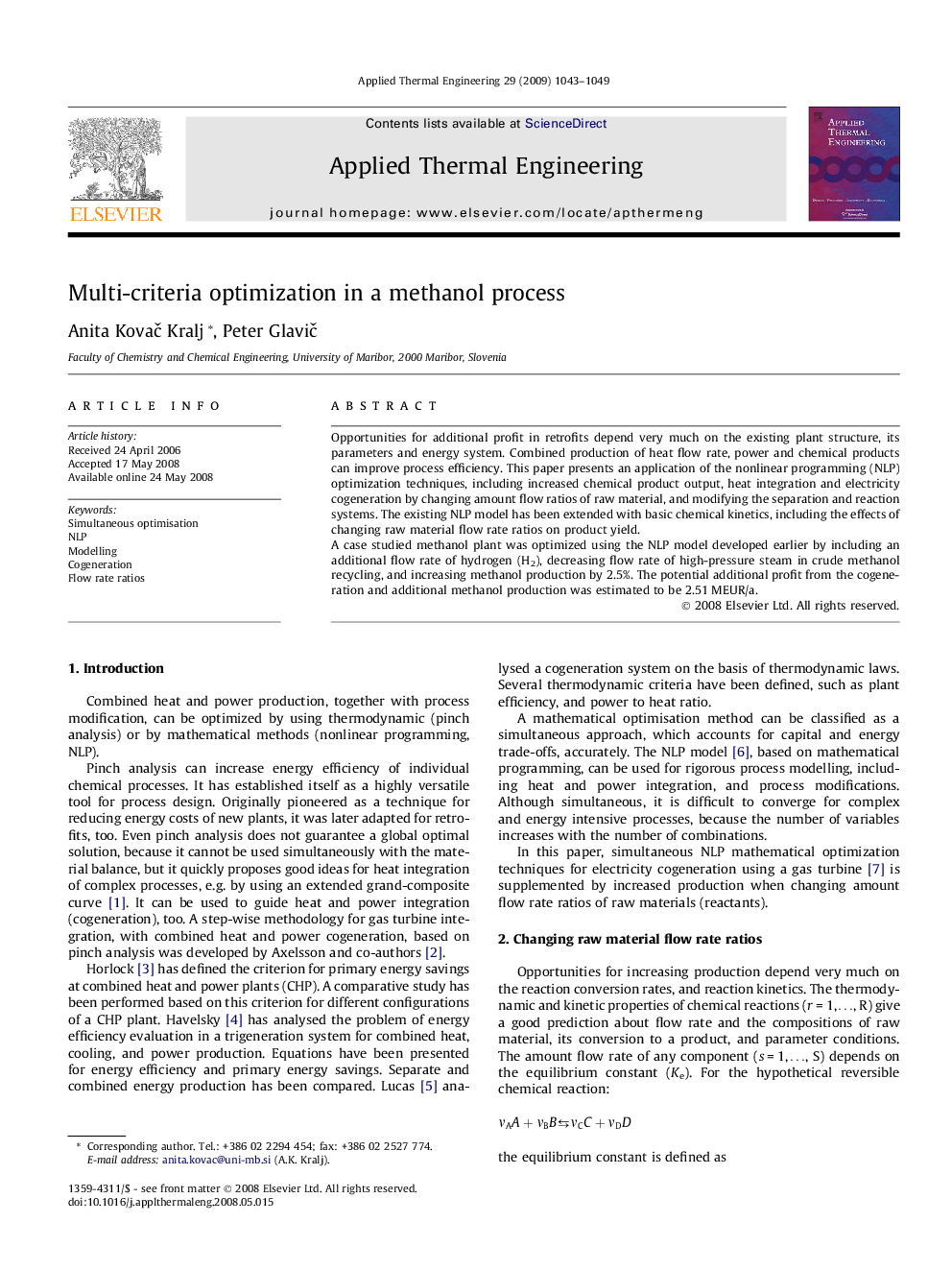 Multi-criteria optimization in a methanol process