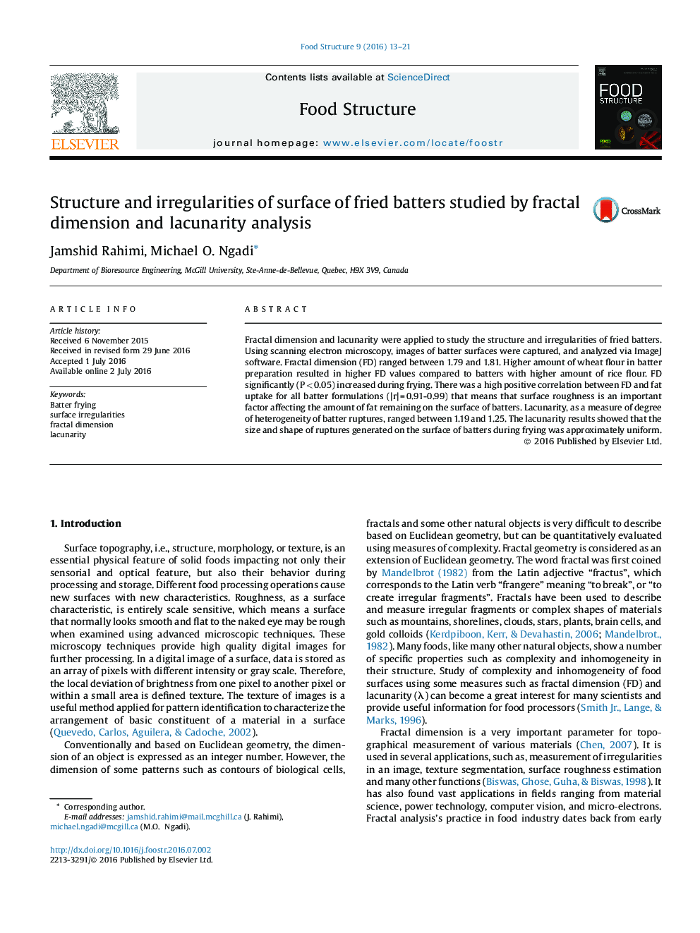 Structure and irregularities of surface of fried batters studied by fractal dimension and lacunarity analysis