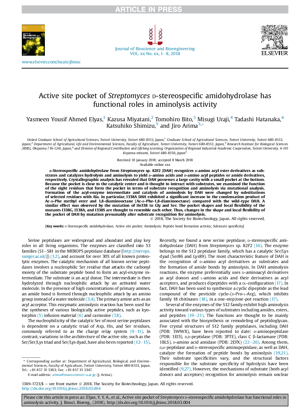 Active site pocket of Streptomycesd-stereospecific amidohydrolase has functionalÂ roles in aminolysis activity