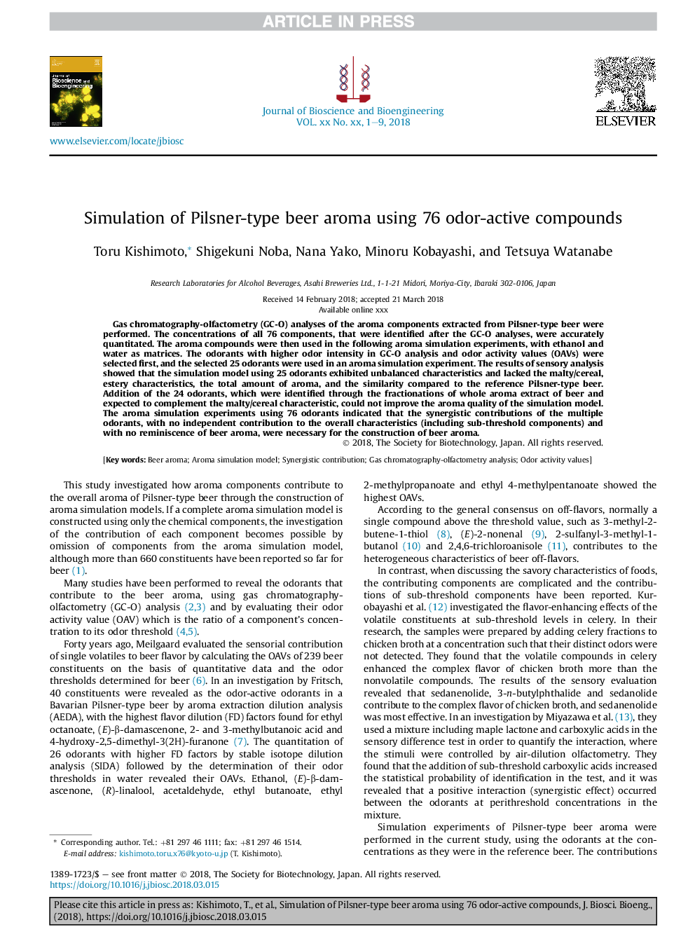 Simulation of Pilsner-type beer aroma using 76 odor-active compounds