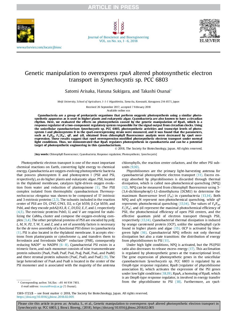 Genetic manipulation to overexpress rpaA altered photosynthetic electron transport in Synechocystis sp. PCC 6803