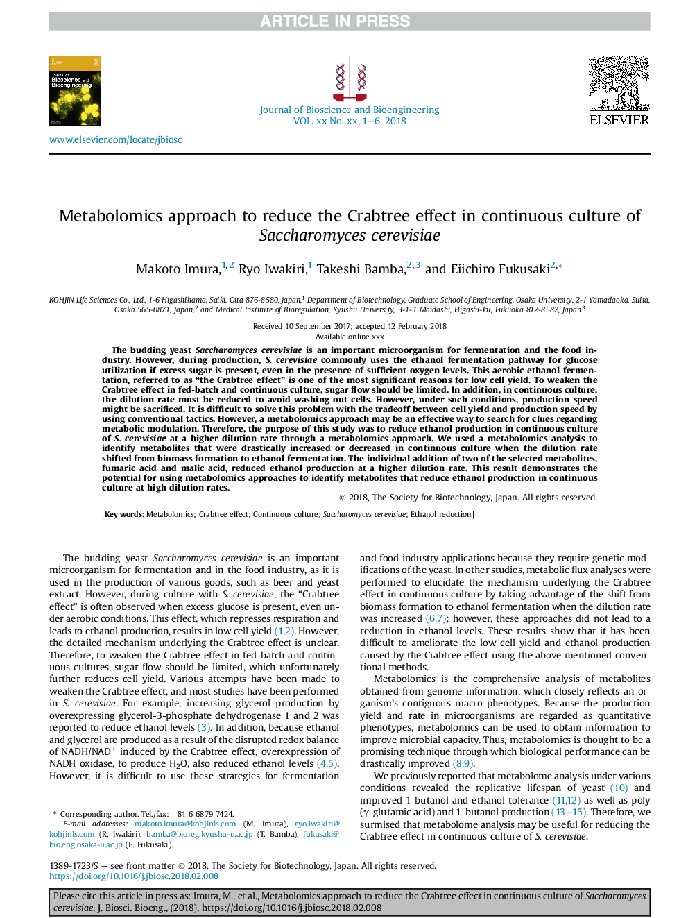 Metabolomics approach to reduce the Crabtree effect in continuous culture of Saccharomyces cerevisiae