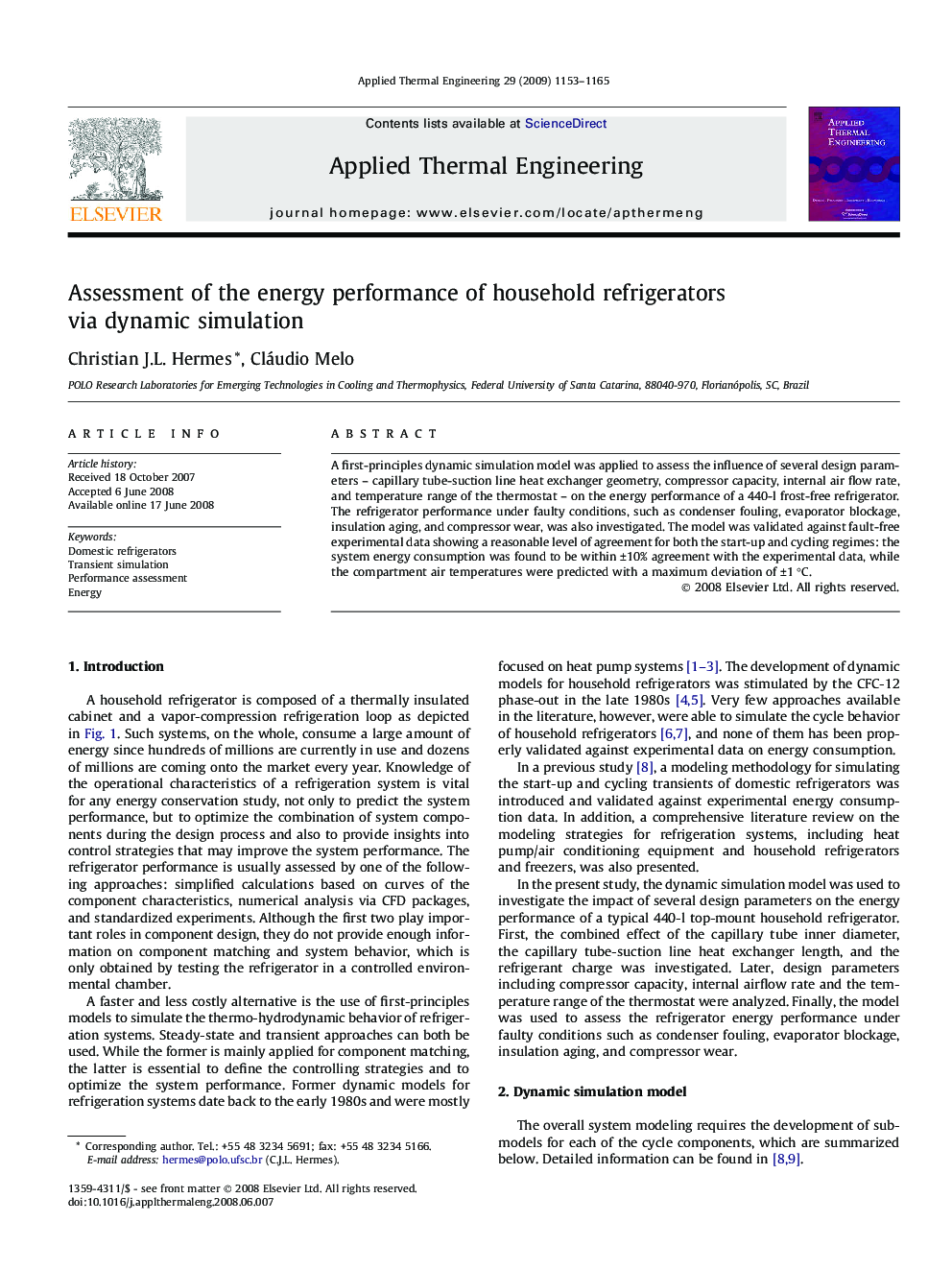 Assessment of the energy performance of household refrigerators via dynamic simulation